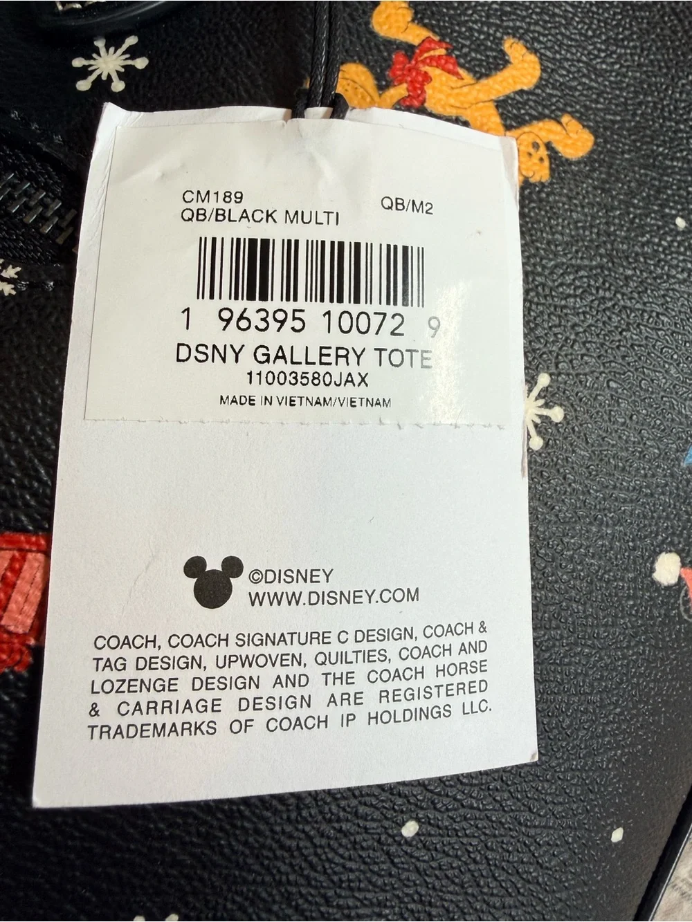 Coach X Disney Black Leather Gallery Tote with Disney Christmas Character Print